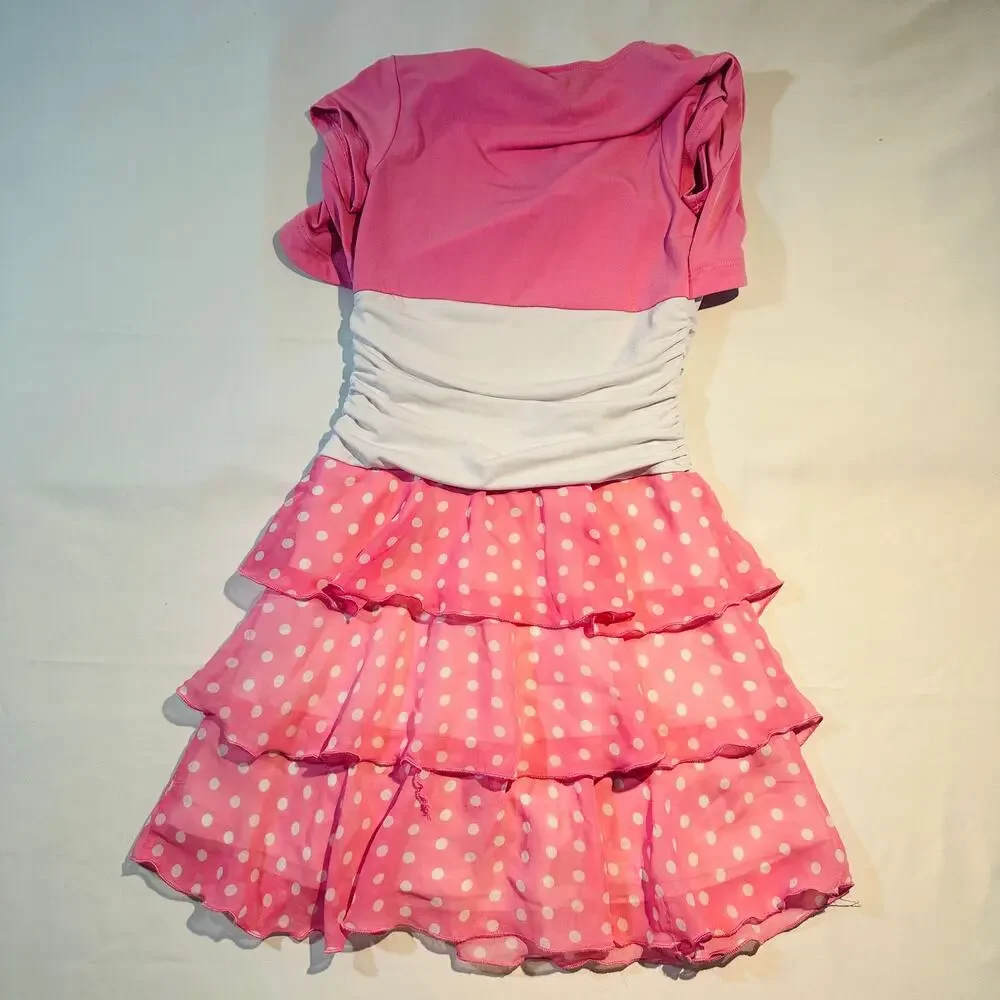 Y2K Iz Amy Byer Pink & White Polka Dot Ruffle Tiered Dress w/ Cardigan Sz 6x